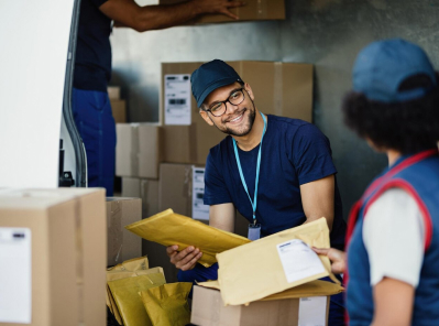 Smiling Octopus Moving employee sorting packages inside a moving truck, showcasing professional moving and storage services.