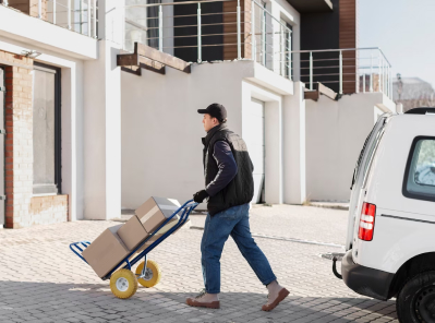 Man transporting boxes on a hand truck near a moving van, representing Octopus Moving's relocation services in Brookline, Massachusetts.