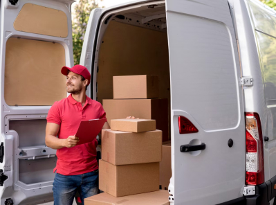 Man in a red cap holding a clipboard next to a moving van loaded with cardboard boxes, representing Octopus Moving's professional moving services.