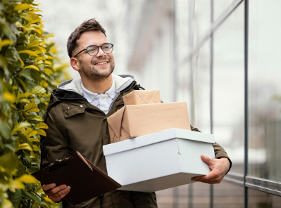 Smiling man carrying stacked moving boxes and a clipboard near a residential area, representing Octopus Moving's affordable moving services in Belmont, MA.