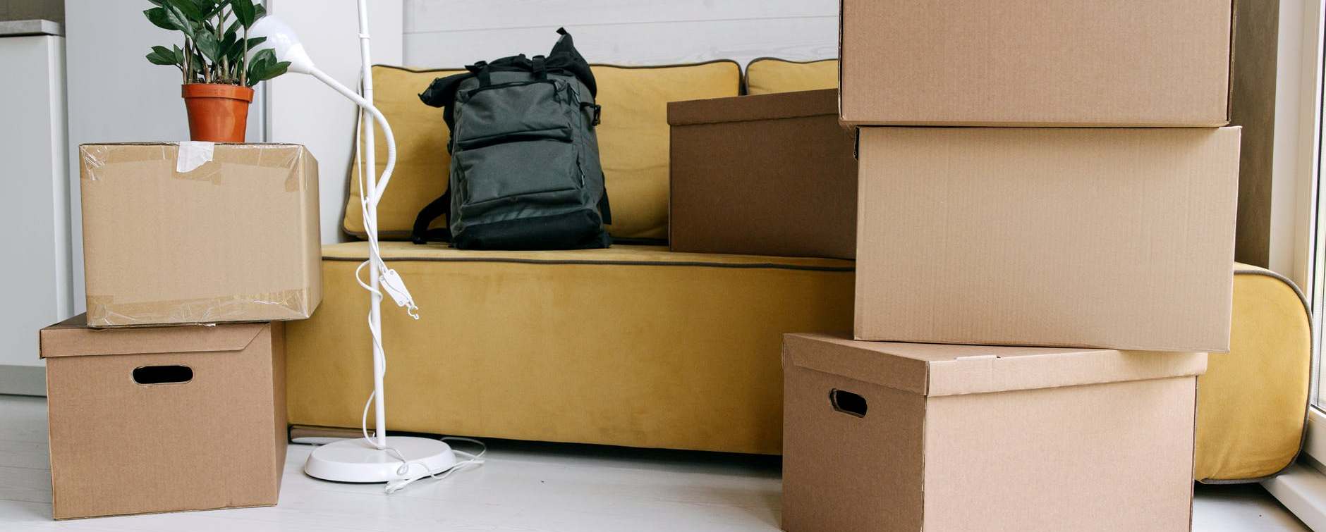 Moving boxes stacked in a living room with a yellow couch, a backpack, and a potted plant, representing the process of relocation for long-distance moves from Boston to San Francisco by Octopus Moving.