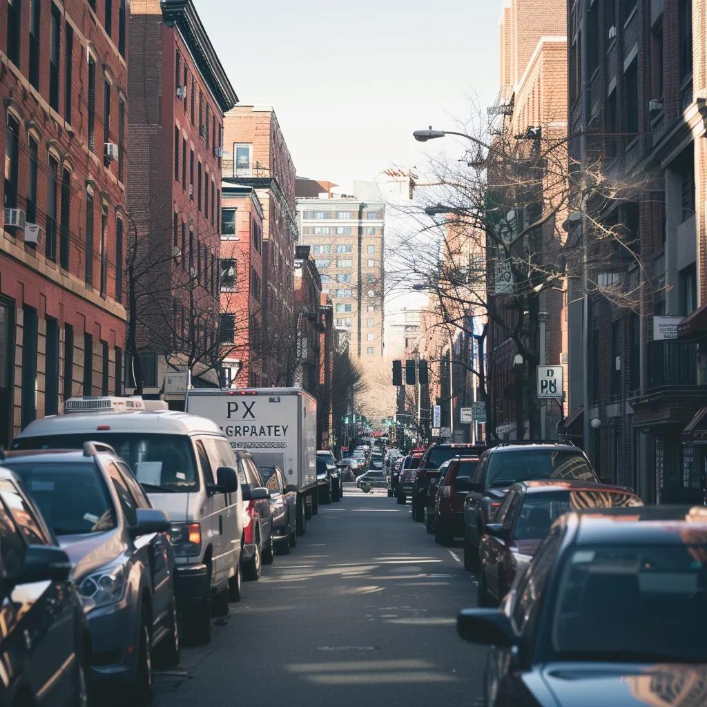 a bustling urban street in boston, filled with parked moving trucks and cars, prominently featuring a bright, eye-catching parking permit sign, all set against the backdrop of historic brick buildings and busy city life.