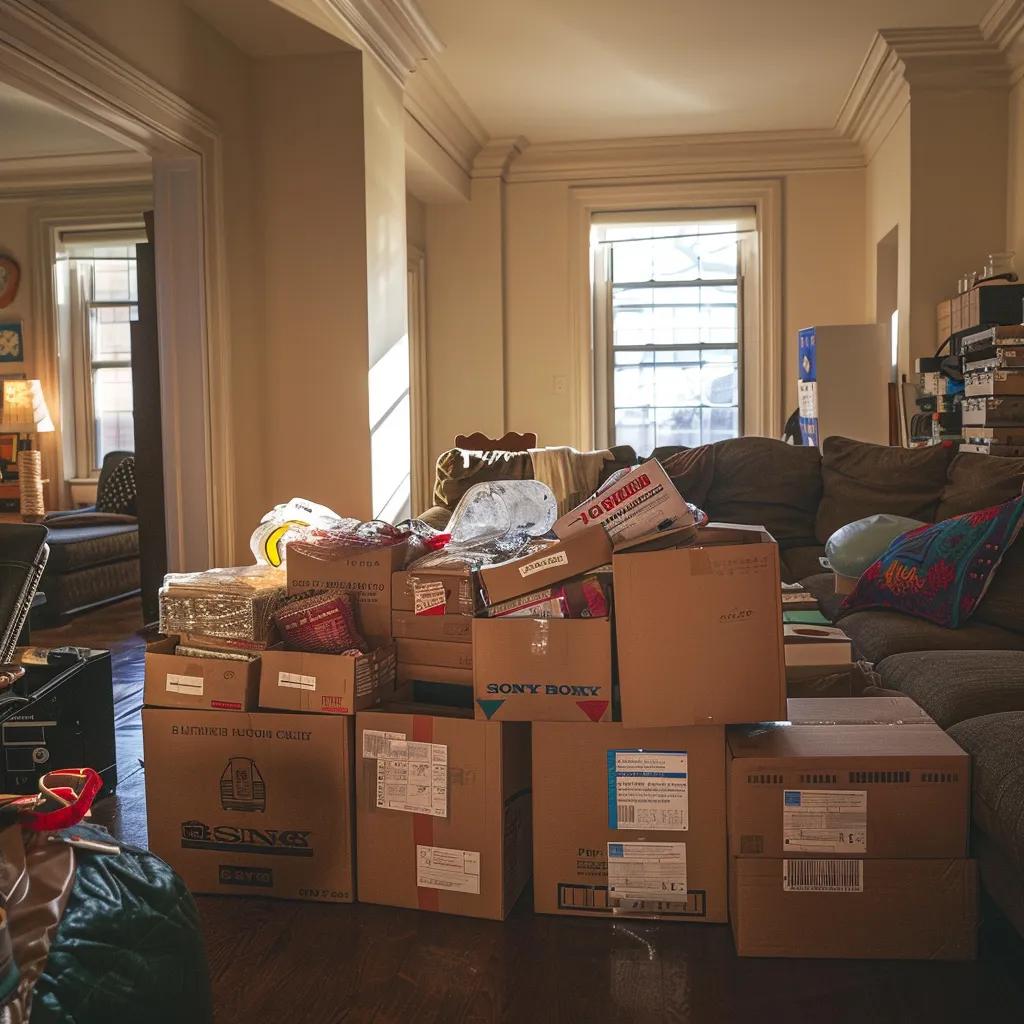 a meticulously organized boston apartment living room, featuring stacked moving boxes labeled with vibrant markers, reflecting a successful and strategic moving preparation process.