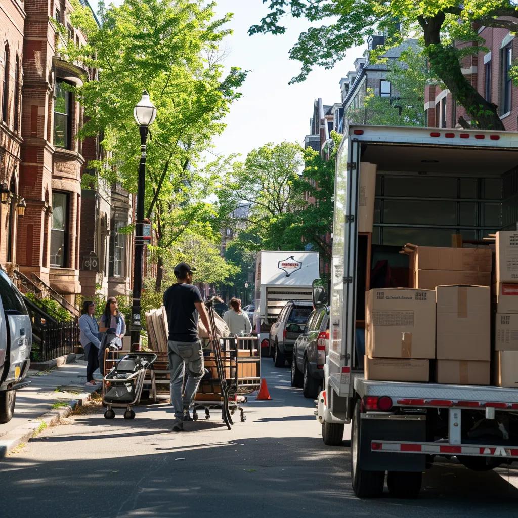 Professional movers packing furniture in Boston's historic streets