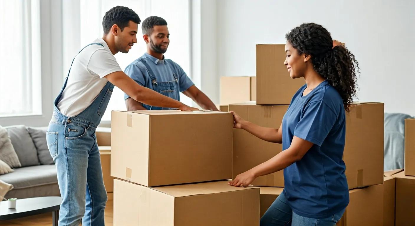 a professional moving team confidently organizes and packs boxes in a modern, well-lit urban apartment, showcasing their expertise and reliability in helping residents transition