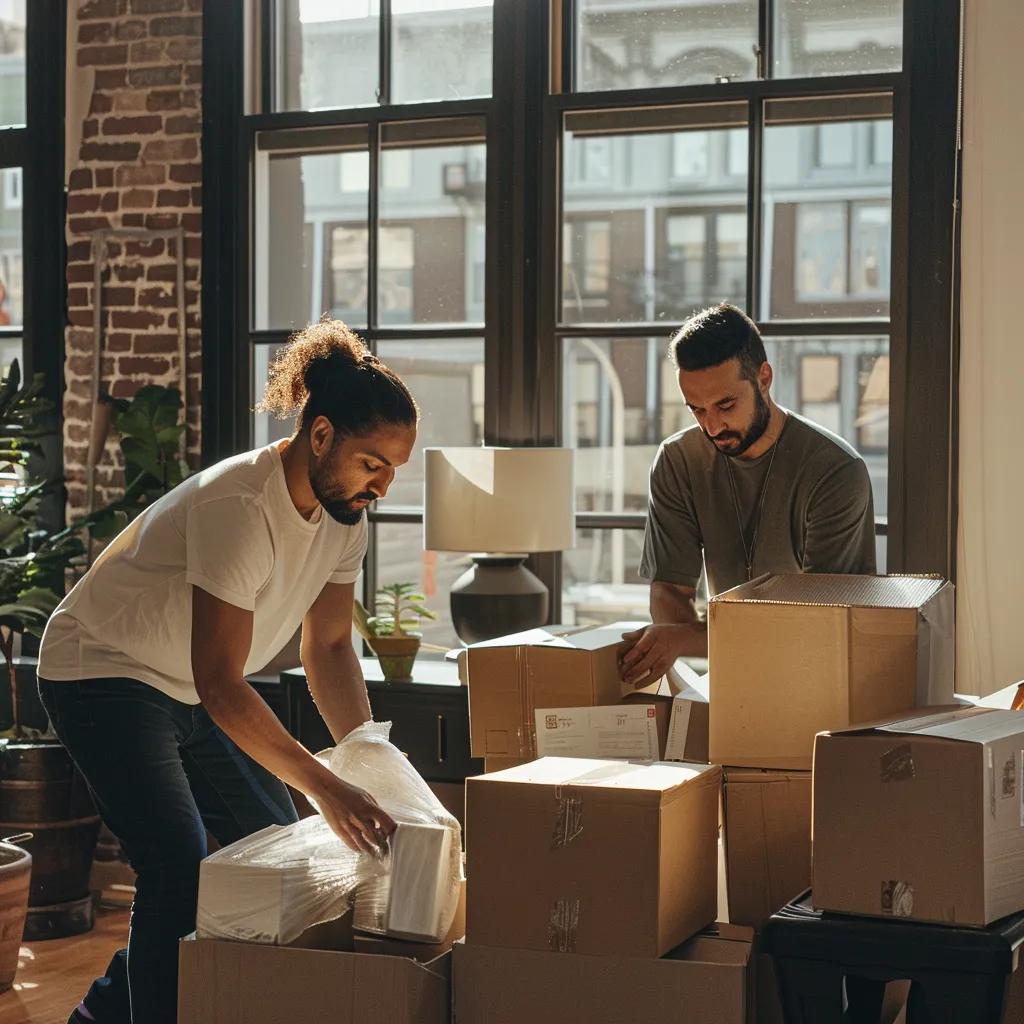 a professional moving team confidently organizes and packs boxes in a modern, well-lit urban apartment, showcasing their expertise and reliability in helping residents transition smoothly within malden, ma.