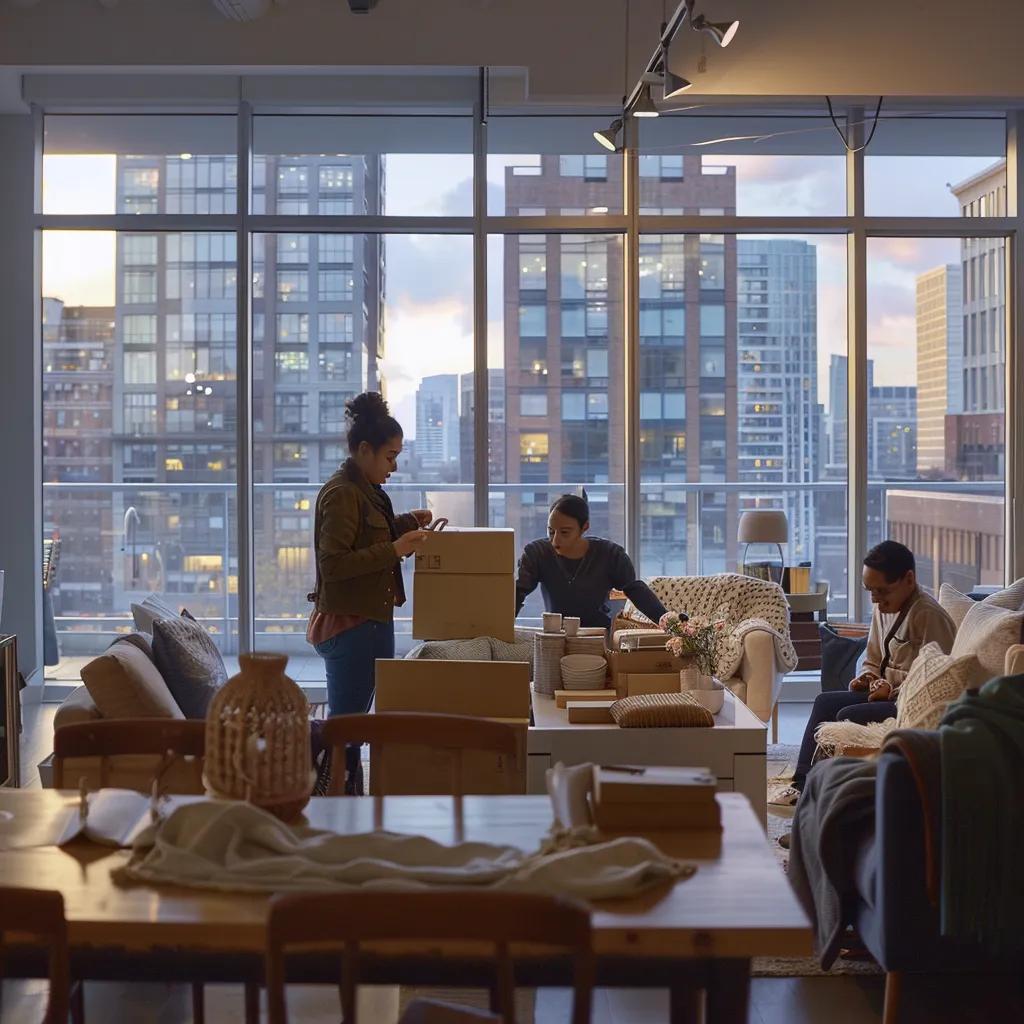 a bustling urban apartment interior showcases a group of diverse residents efficiently organizing and packing their belongings amidst stylish furniture, vibrant decor, and large windows revealing the cityscape of boston, capturing the essence of a smooth moving experience.