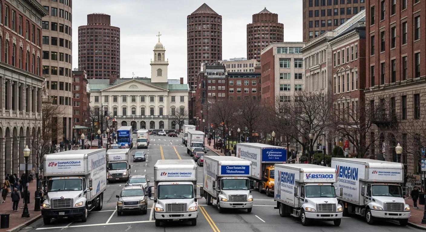 Boston cityscape with moving trucks representing commercial relocation services