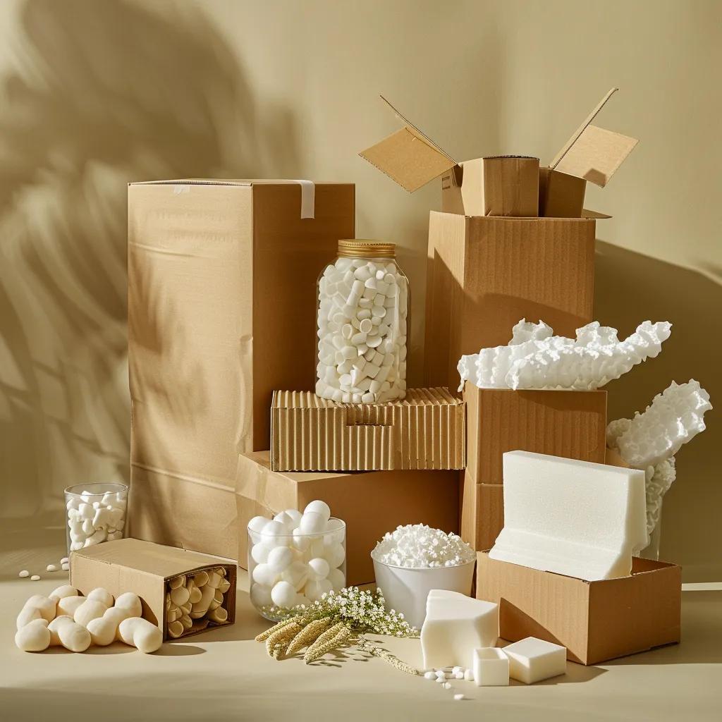 Eco-friendly packing materials including biodegradable peanuts and recycled boxes