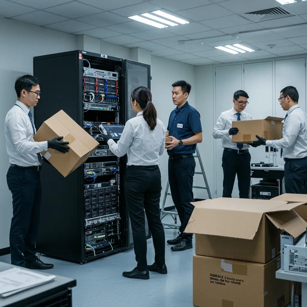IT professionals handling sensitive equipment during relocation in a secure environment