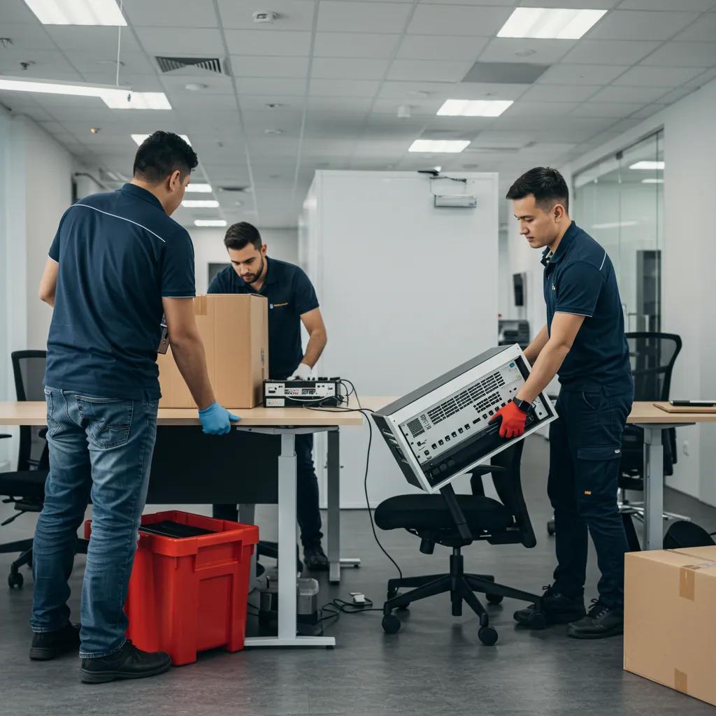 Professional movers packing office furniture during a commercial relocation