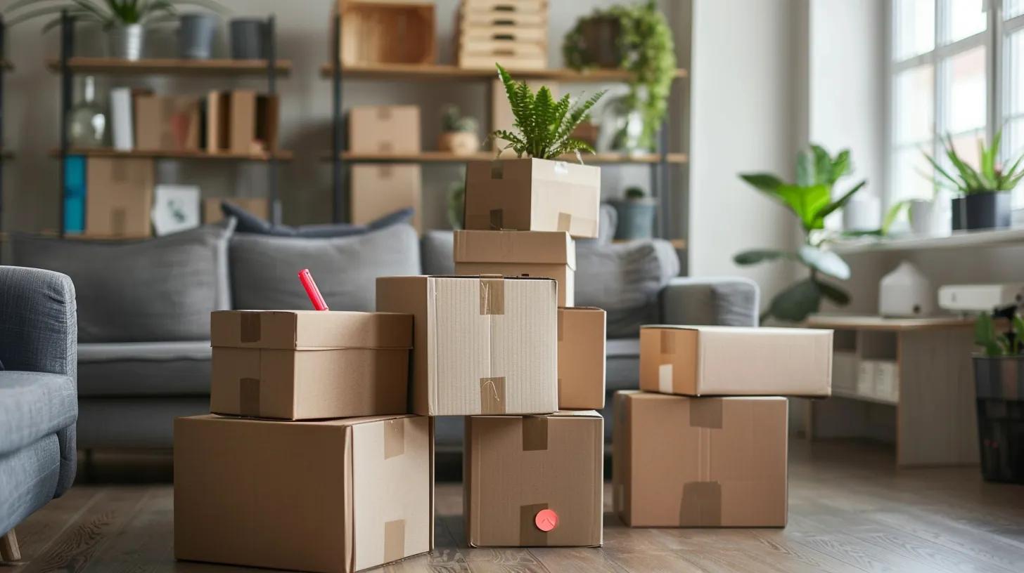a meticulously organized boston apartment living room, featuring stacked moving boxes labeled with vibrant markers, reflecting a successful and strategic moving preparation process