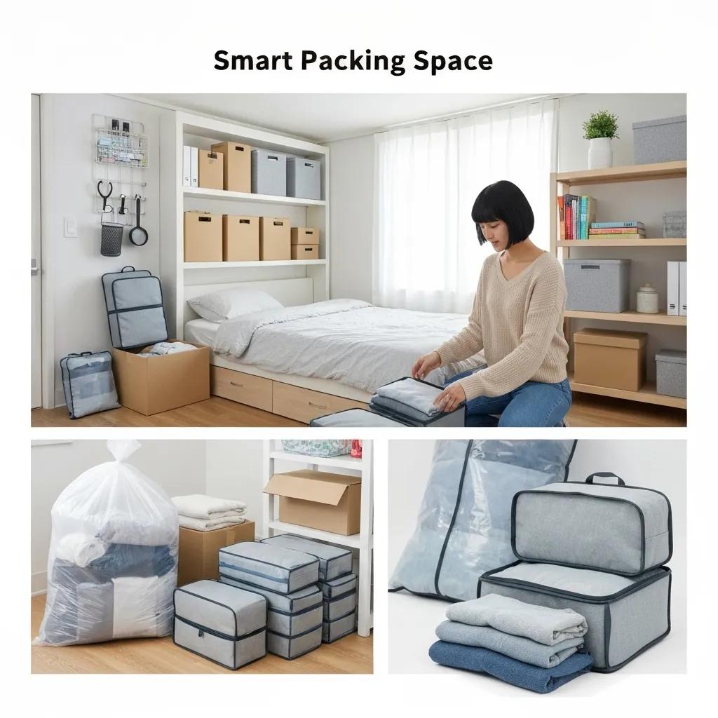 Efficient packing strategies for a small Boston apartment, showcasing organized boxes and space-saving solutions