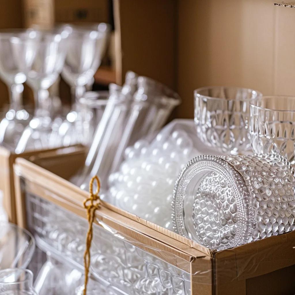 Careful packing of glassware and china using bubble wrap and dividers