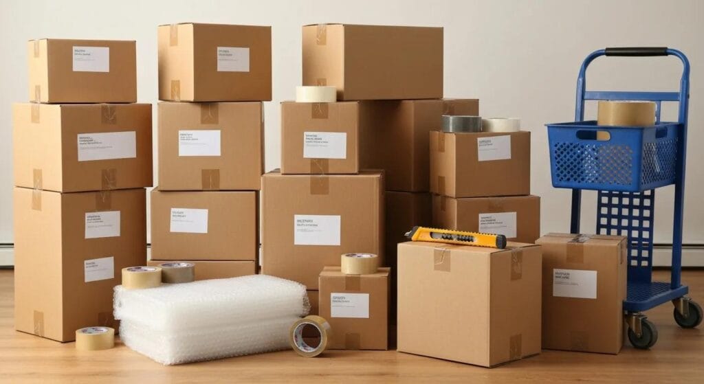 Stacked cardboard boxes prepared for residential moving services in Boston