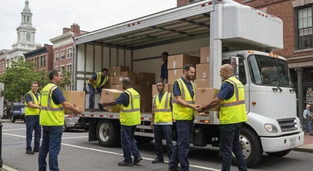 Moving crew unloading truck for commercial moving services in Boston