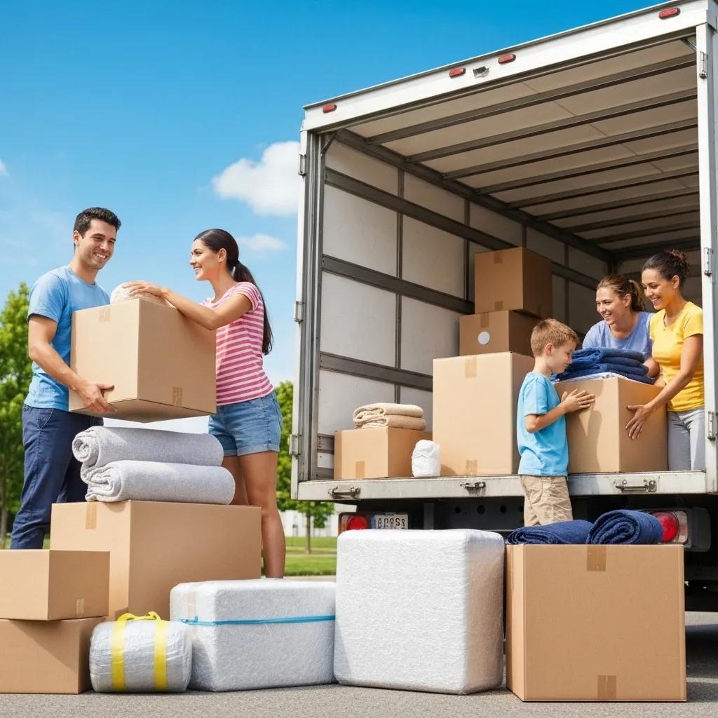 Family packing for a move with organized boxes and a moving truck