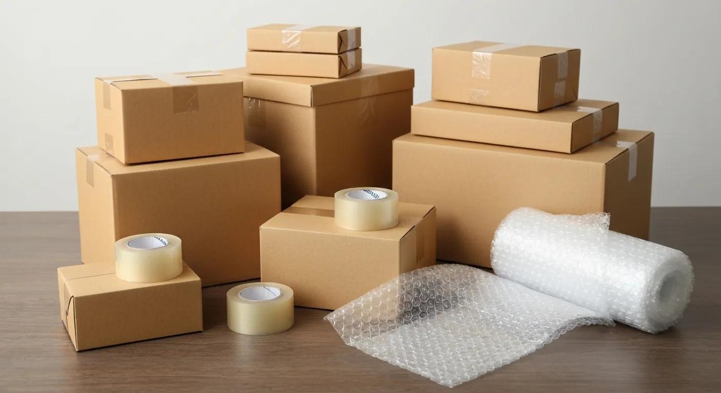 Variety of packing materials including boxes, tape, and bubble wrap on a table