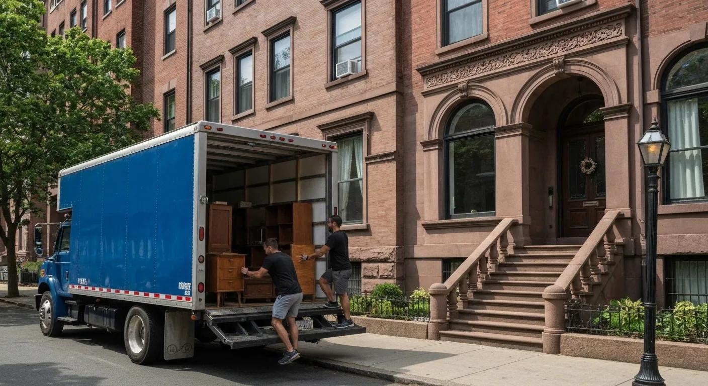 Moving truck in front of a Boston brownstone with movers loading furniture