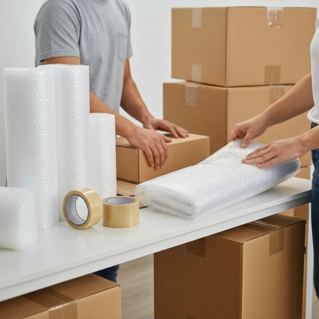 A close-up of a packing station with quality supplies and someone carefully wrapping delicate items, showcasing protective packing techniques