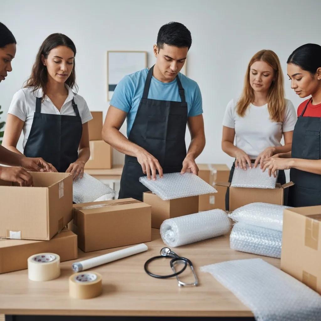 Professional packers carefully wrapping fragile items for a last-minute move, demonstrating our emergency packing services