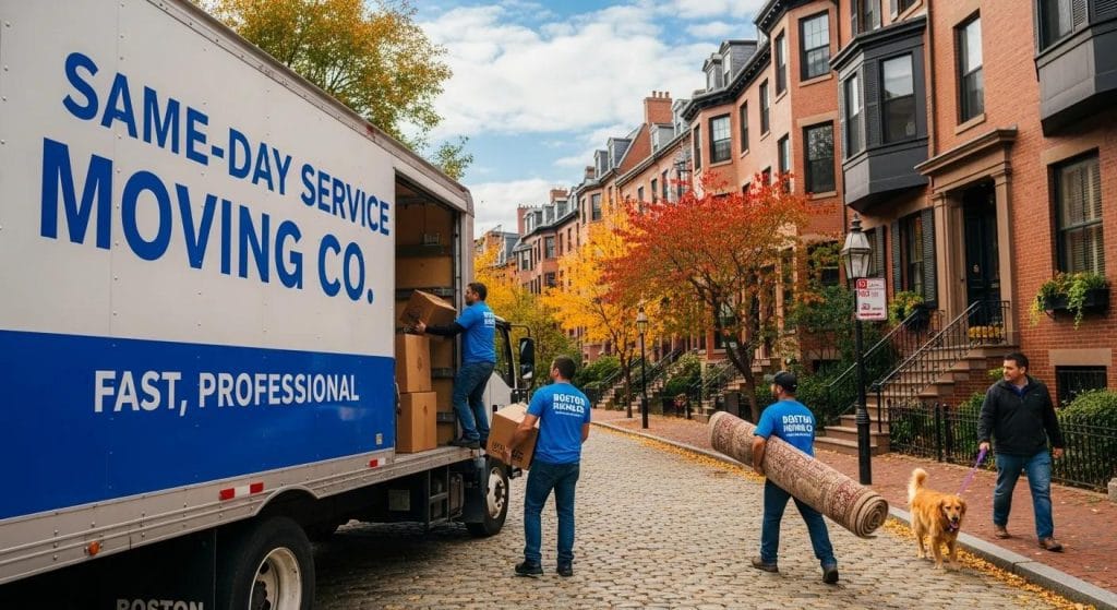 Movers carrying furniture during residential moving services in Boston
