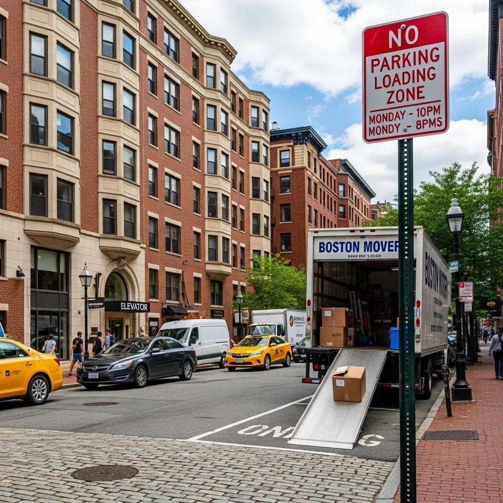 busy boston street with a moving truck in a loading zone and parking signs 875cc563 e515 4611 817d 6bf67f904a0c