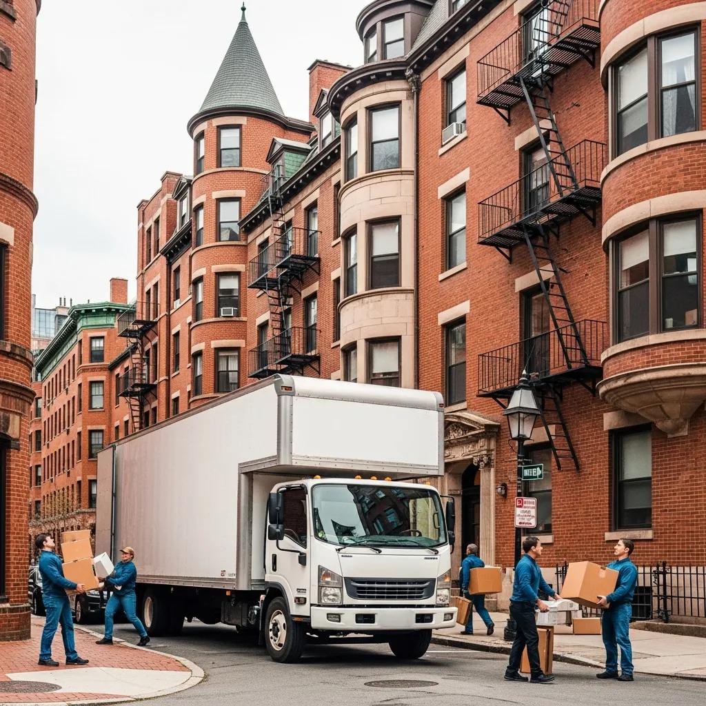 Moving truck in front of a Boston apartment building with movers carrying boxes