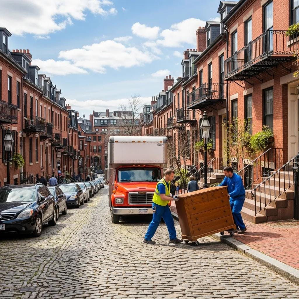 Movers unloading boxes from truck on Boston street for local moving services