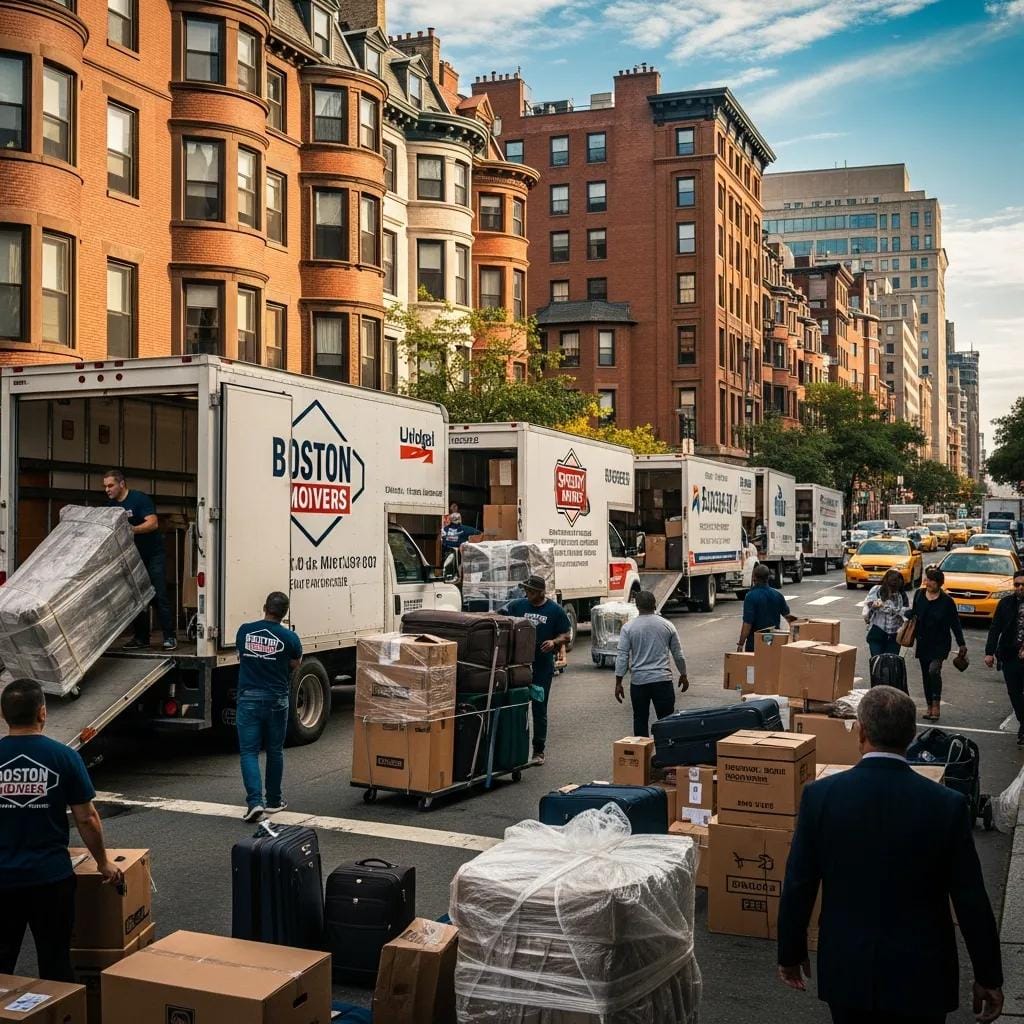 Movers organizing boxes on Boston street for local moving services