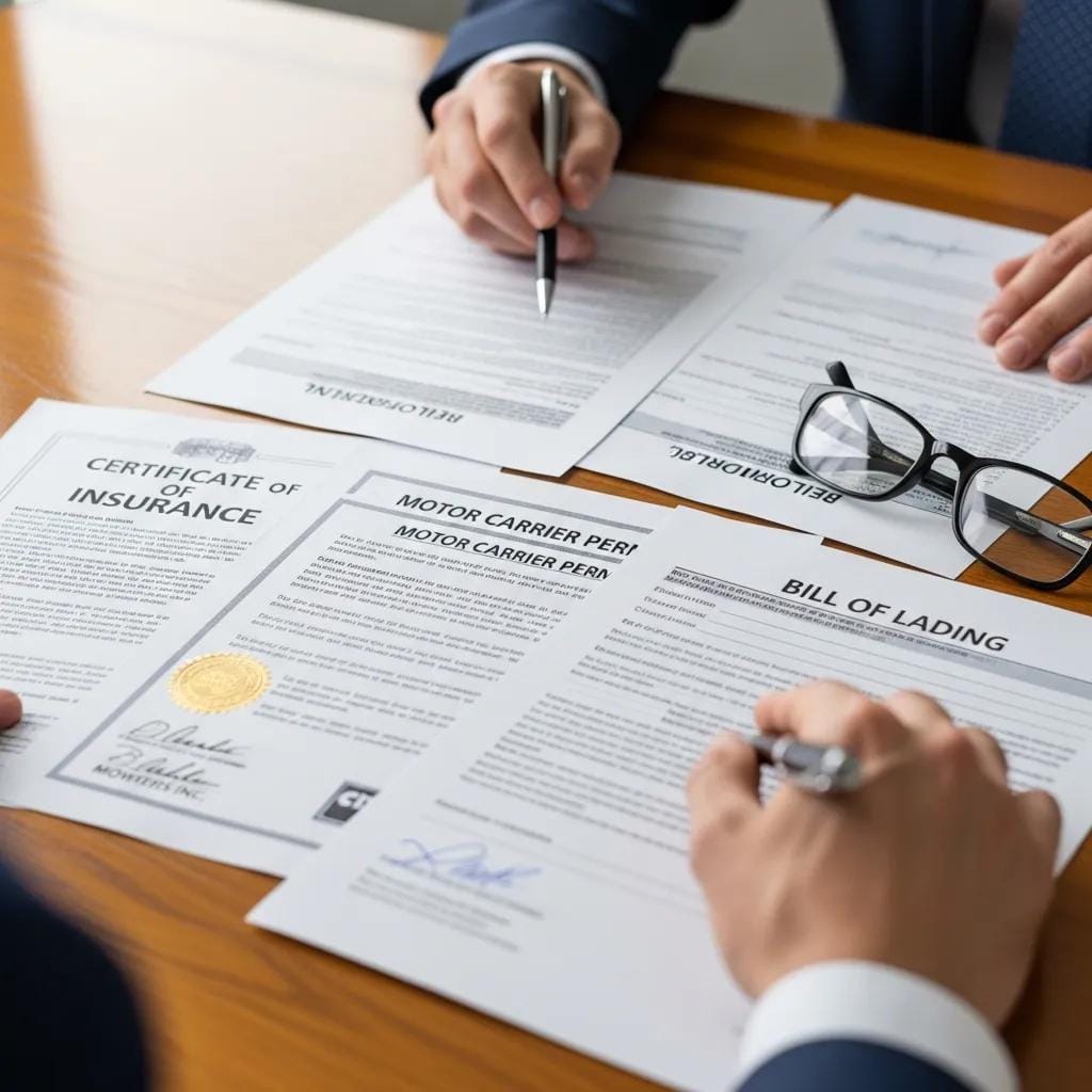 Moving company credentials and insurance documents on a table