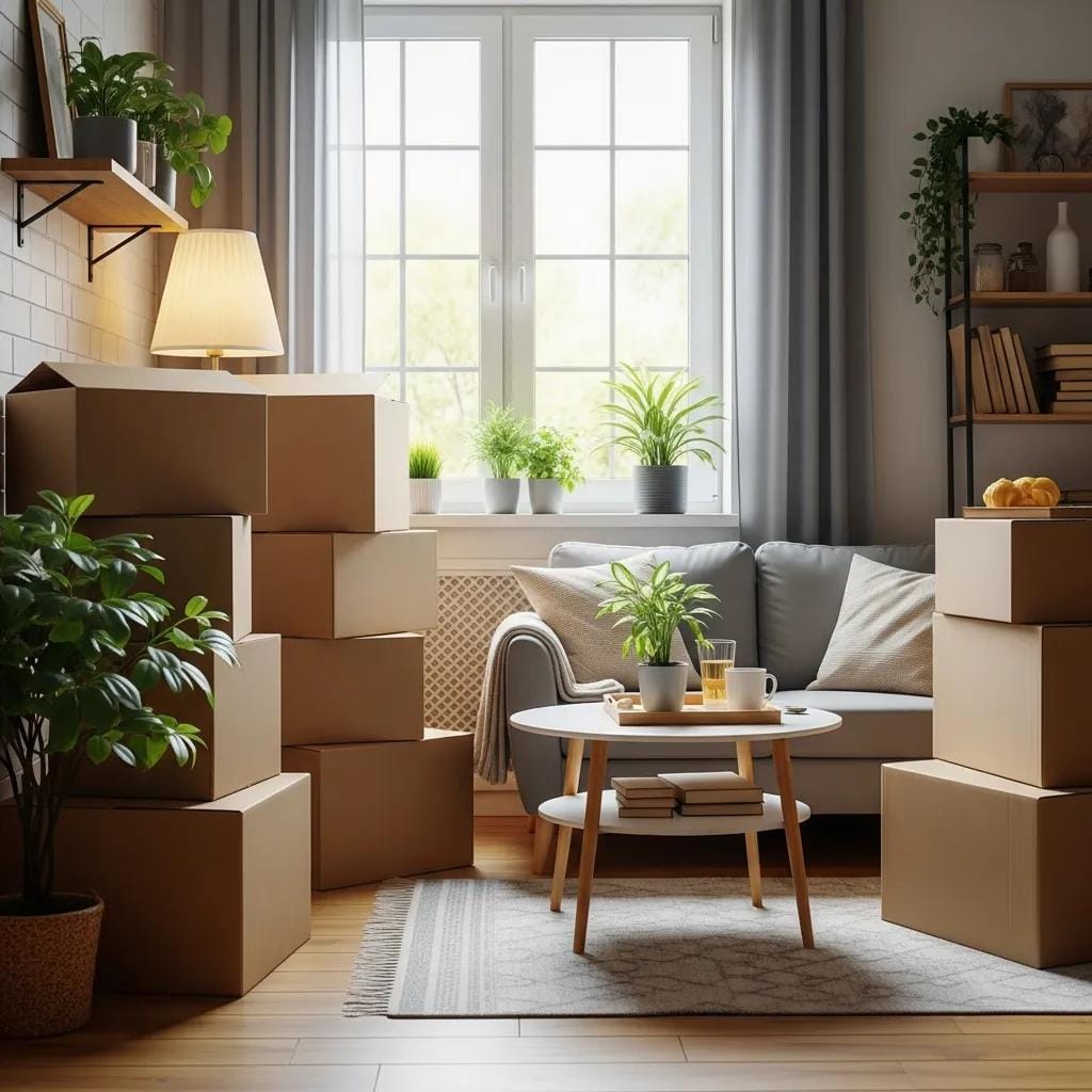 Small one-bedroom apartment with stacked moving boxes ready to be loaded