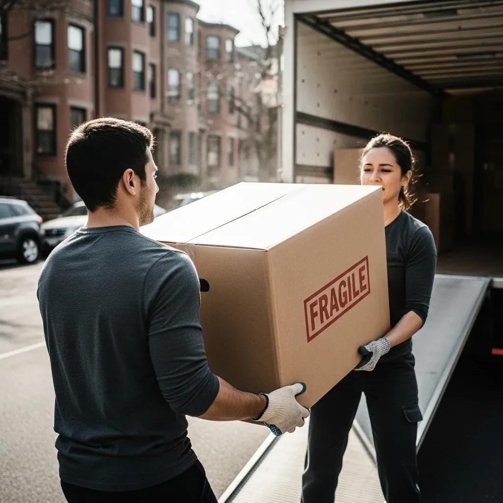 Two movers carrying a heavy box with a moving truck in the background in Boston