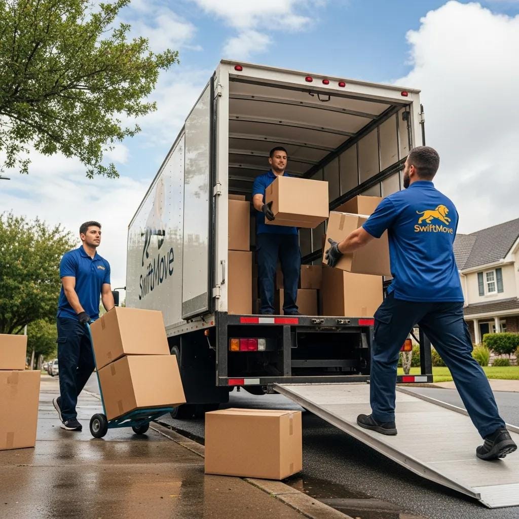 Movers unloading boxes from truck for residential moving services in Boston