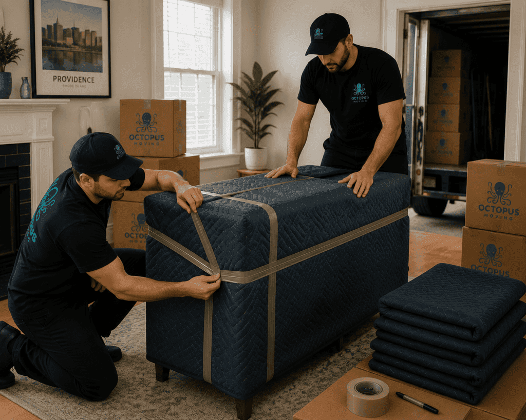 Boxes organized by room inside a Providence house
