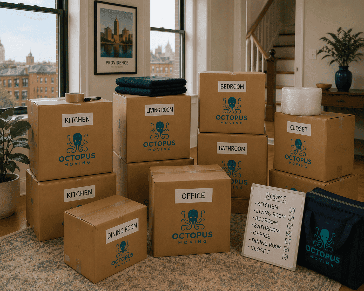 Boxes organized by room inside a Providence house ()