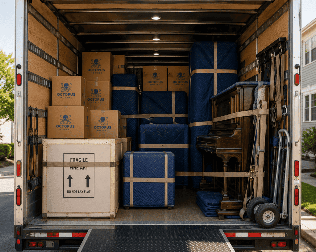 Carefully organized moving truck with secured specialty items