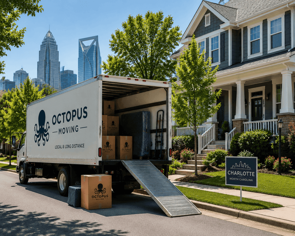 Charlotte residential neighborhood with moving truck