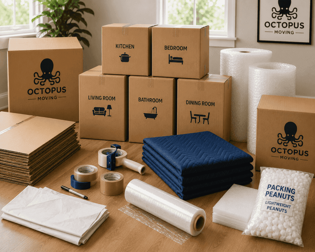 Professional packing supplies including boxes, tape, and protective wrap.