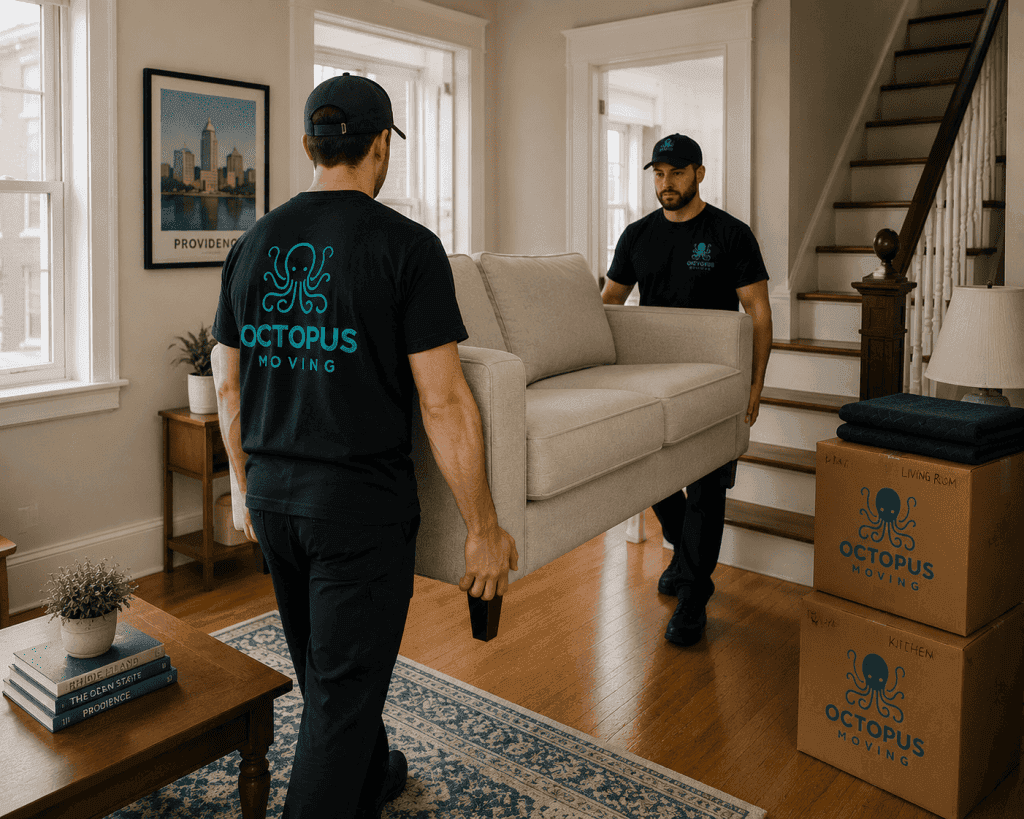 Movers carrying furniture through a Providence neighborhood home.
