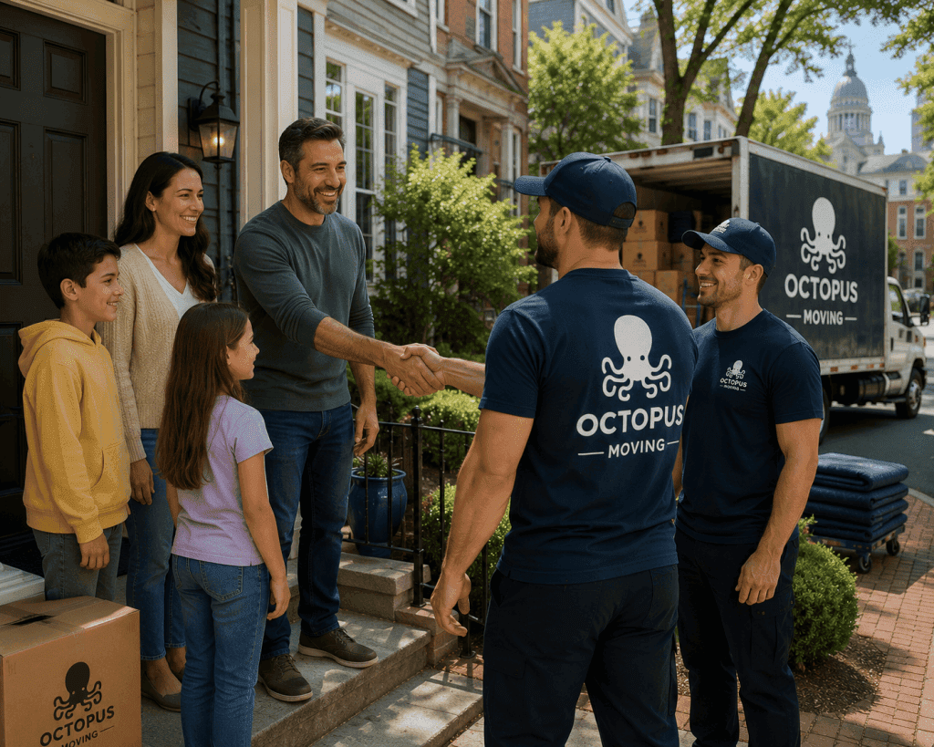 Family greeting professional movers before moving day