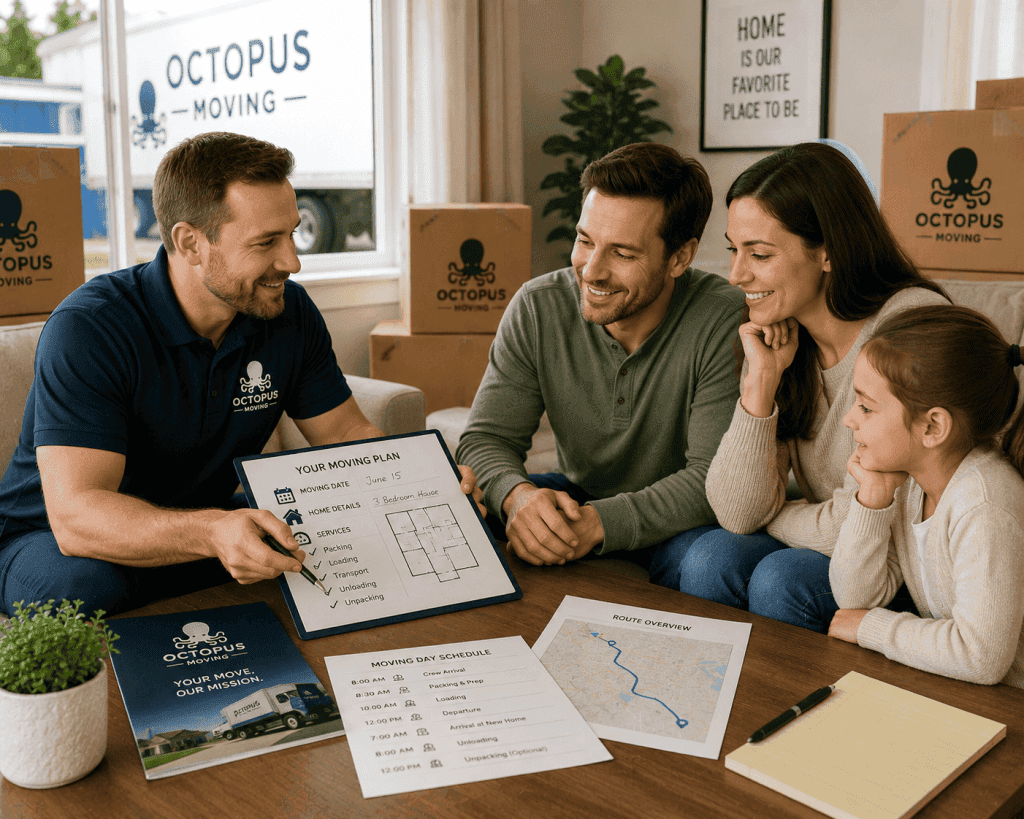 Family reviewing their moving plan with a moving consultant