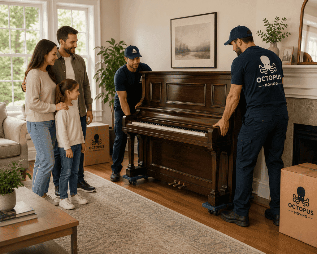 Family watching movers safely position a piano in their new home