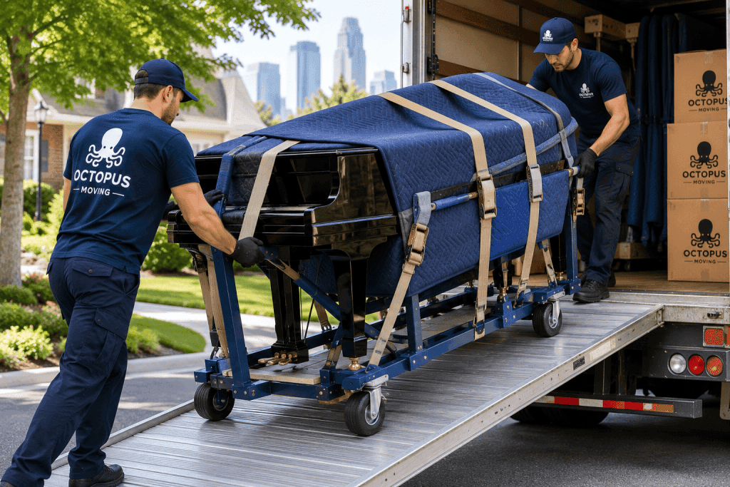 Grand piano secured on a professional moving dolly