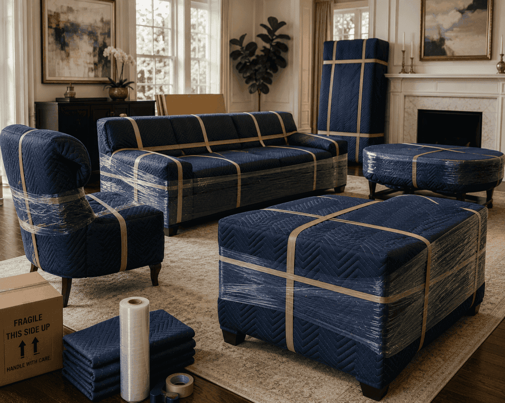 High end furniture wrapped in premium moving blankets