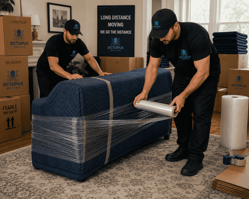 Movers carefully wrapping furniture before a long distance move