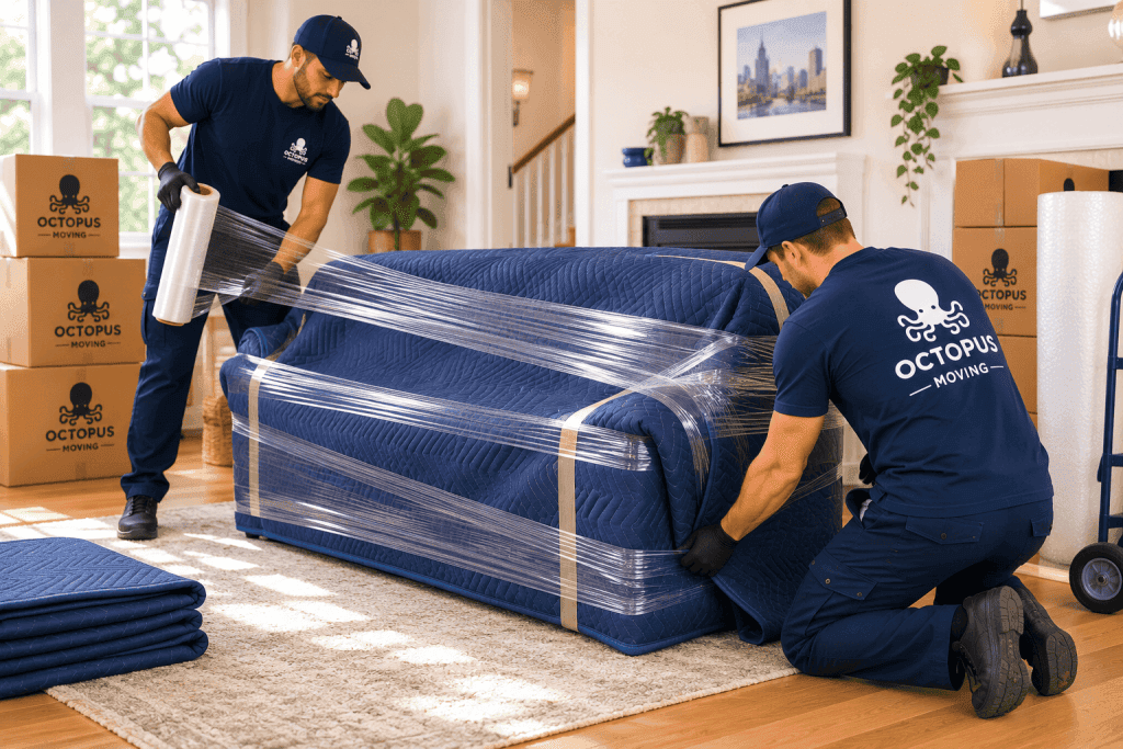 Movers carefully wrapping furniture with protective moving blankets