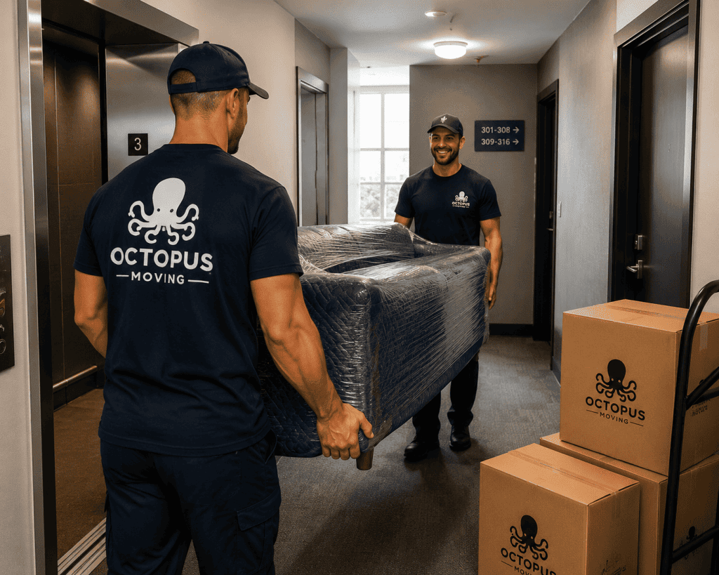 Movers carrying furniture through an apartment building hallway ()