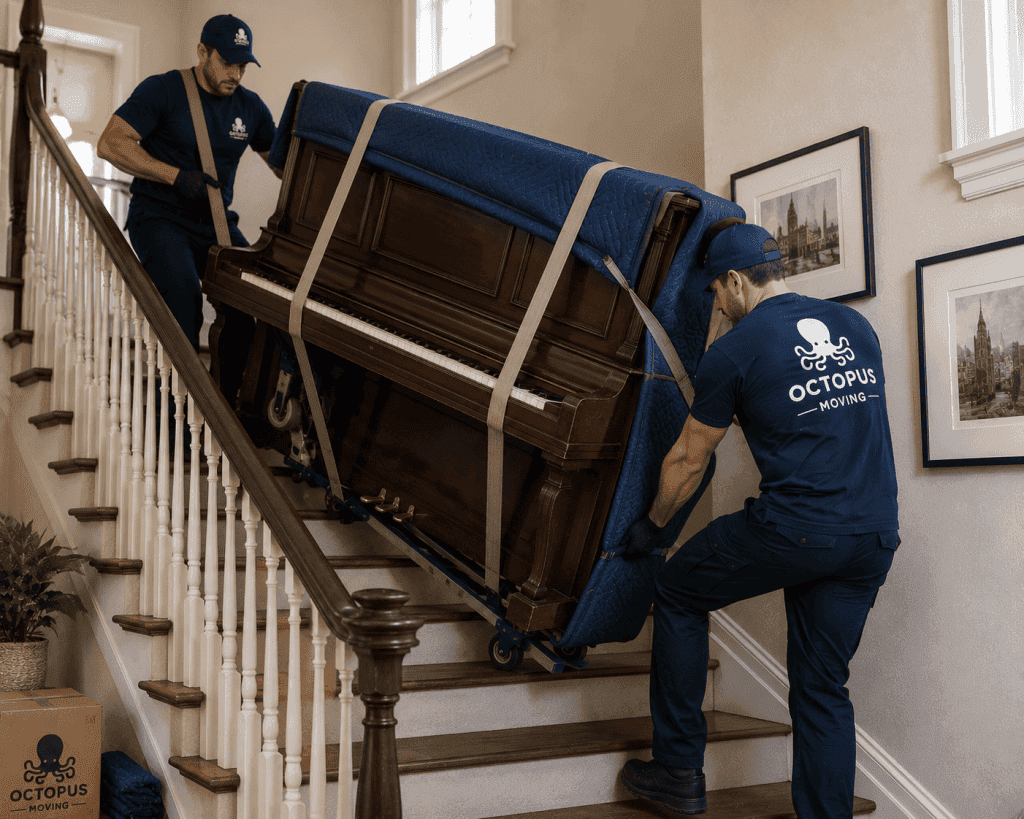 Movers navigating a staircase while transporting an upright piano