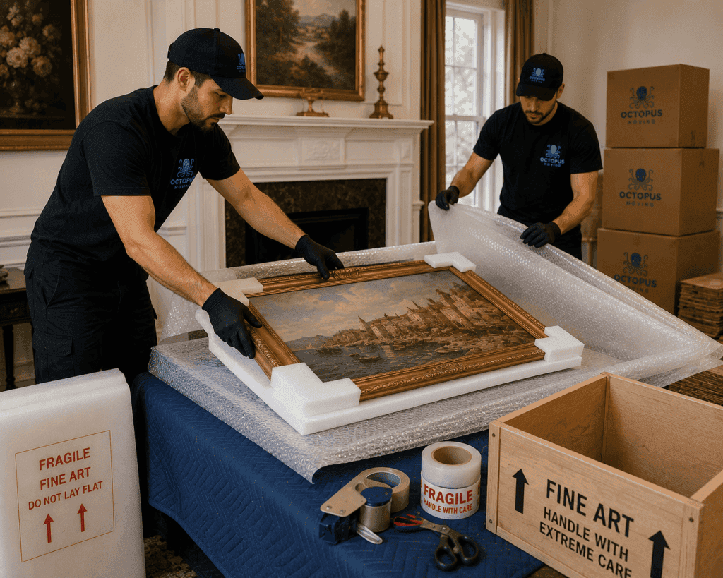 Movers packing fine artwork with custom protective materials